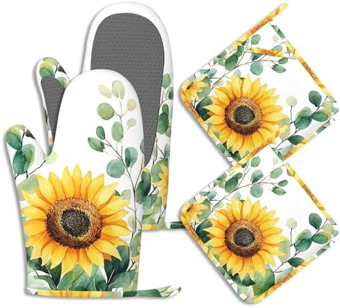 Sunflower Flowers Oven Mitts and Pot Holders Sets of 4 Watercolor