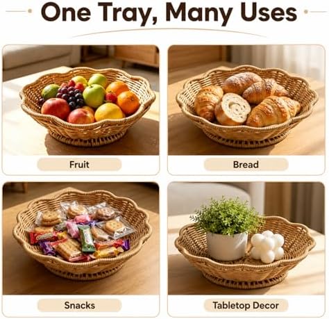 Faux Rattan Fruit Basket Tray, PP Handwoven Decorative Bowl for
