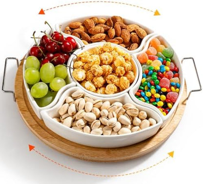 Ceramic Divided Serving Dishes with 360°Rotatable Bamboo Tray and