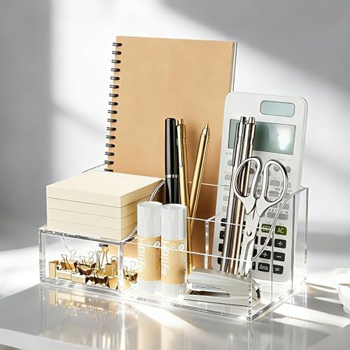 HBlife Acrylic Desk Organizer with Drawer, Pen & Pencil Holder