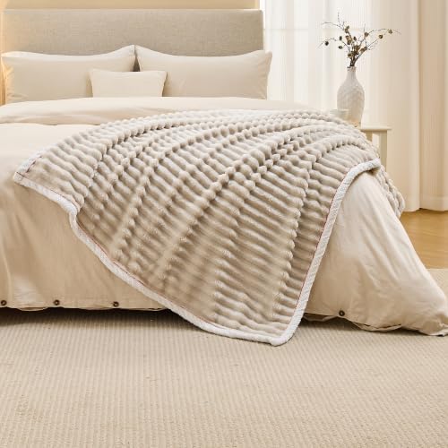 Flannel Throw Blanket, Soft Plush for Couch Bed Beige 40x50 in
