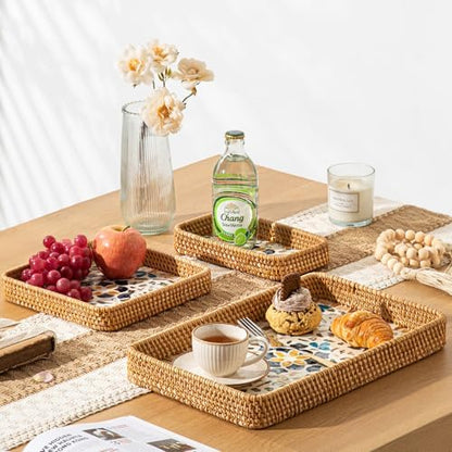 Set of 3 Rattan Serving Trays with Mother of Pearl, Terrekraft