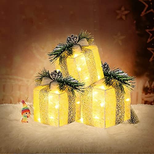 Hourleey Set of 3 Christmas Lighted Gift Boxes, Pre-lit 60 LED Light
