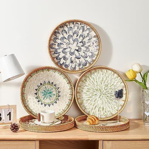 Round Rattan Tray with Mother of Pearl Inlay, Rattan Serving Tray with