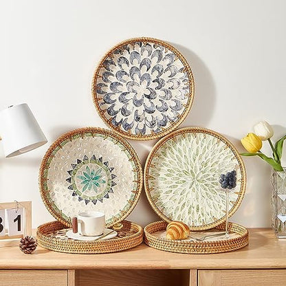 Round Rattan Tray with Mother of Pearl Inlay, Rattan Serving Tray with