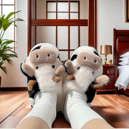 Cute Cartoon Cow Animal Fuzzy Slippers for Women,Warm Plush Winter