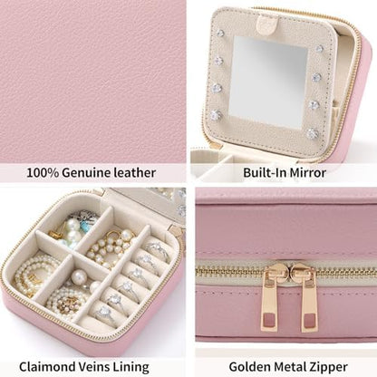 Genuine Leather Travel Jewelry Organizer Case with Mirror for Women