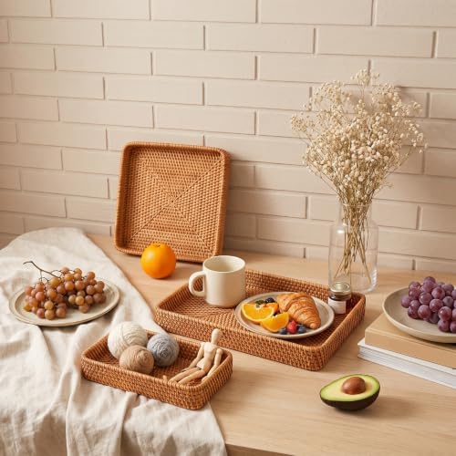 Rattan Serving Tray Set of 3 Rectangular Wicker Storage Baskets