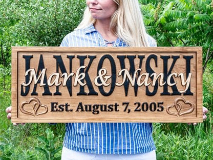 3D Wood Carved Personalized Wedding Gift Established Name Sign with