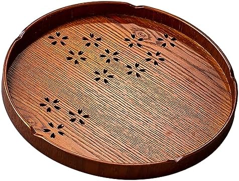 Tea Tray,Round Wooden Cherry Blossom Pattern Tray Japanese Style Food