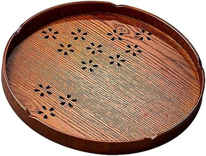 Tea Tray,Round Wooden Cherry Blossom Pattern Tray Japanese Style Food