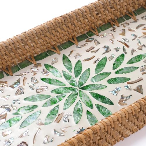 2 Pack Rattan Bathroom Vanity Tray with Mother of Pearl Inlay, Toilet