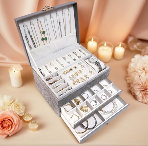 TOFUNTOY Jewelry Organizer Box, Large Jewelry Boxes for Women, 3-Layer