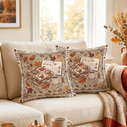 Cozy Autumn Reading Nook Quote Leaves Throw Pillow Covers 22x22 Set of