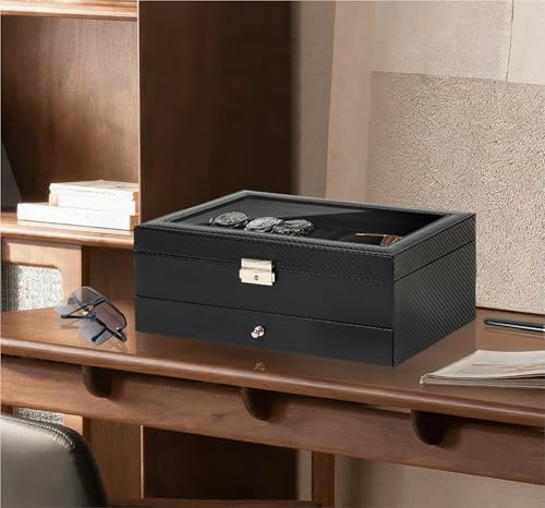 Kukikan Mens Jewelry Box Organizer, 6 Watch Slots & 3 Sunglasses -All