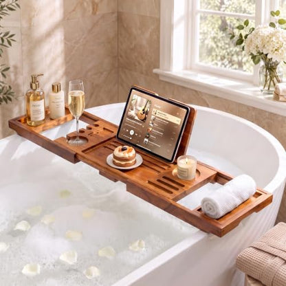 Teak Bathtub Tray, Expandable Bath Caddy 28.5-40", Stained