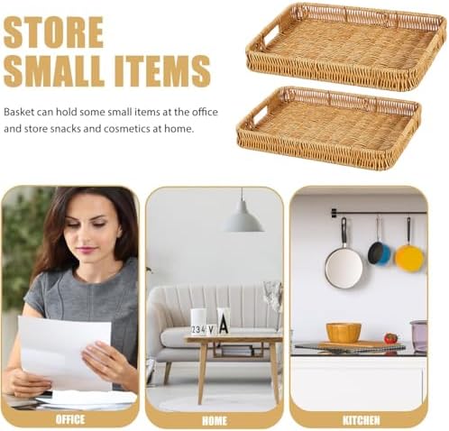2 Pack Rectangle Rattan Serving Trays with Handles, Decorative Woven