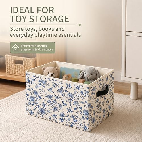 Chinoiserie Floral Bird Storage Bins with Handles, Blue and White