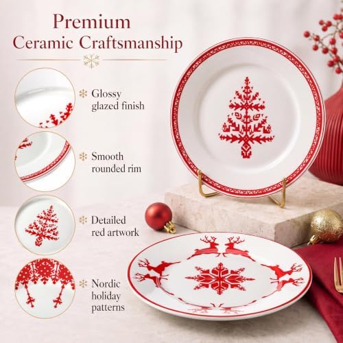 Rtteri 4 Pcs Red Christmas Ceramic Plates 9 Inch Salad Dish Serving