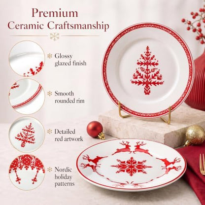 Rtteri 4 Pcs Red Christmas Ceramic Plates 9 Inch Salad Dish Serving