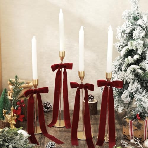 Whaline 12Pcs Velvet Christmas Bows for Candlestick Decor 4" x 12"