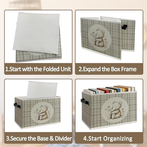 Bear Nursery Foldable Storage Bins Box with Handles, Neutral Gingham
