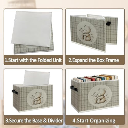 Bear Nursery Foldable Storage Bins Box with Handles, Neutral Gingham