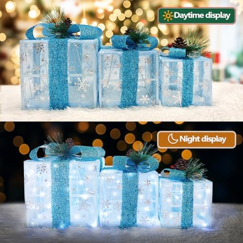 Set of 3 Snowflake Lighted Boxes, Blue