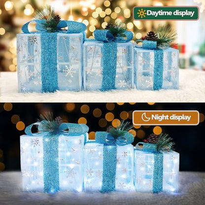 Set of 3 Snowflake Lighted Boxes, Blue
