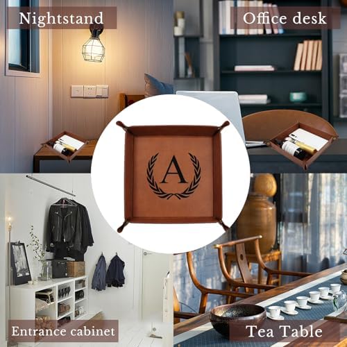 Personalized Leather Valet Tray Engraved Initials Key Tray Nightstand