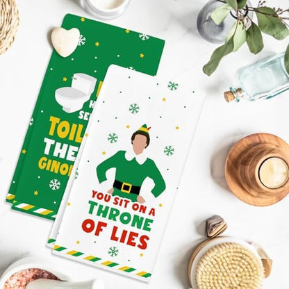 Funny Elf Christmas Towels, 2 Pack Holiday Bathroom Hand Towels, Buddy