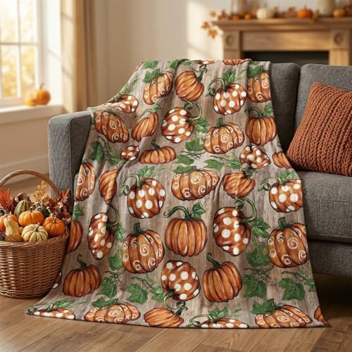 Horaldaily Fall Wood Plank Grain Pot Pumpkin Flannel Throw Blanket