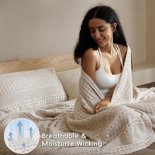 PHF Lightweight 100% Cotton Waffle Throw Blanket for Couch, Light