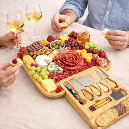 Cheese Board Gift Set with Built-in Storage Drawer, Bamboo Charcuterie