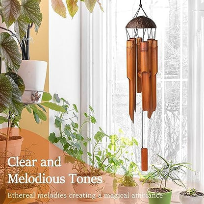 38" Bamboo Wind Chimes, 6 Pipes Handcrafted Wooden Outdoor Decor