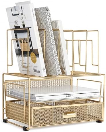 BLU MONACO | Gold Desk Organizer With Drawer | Metal Mesh File Holder