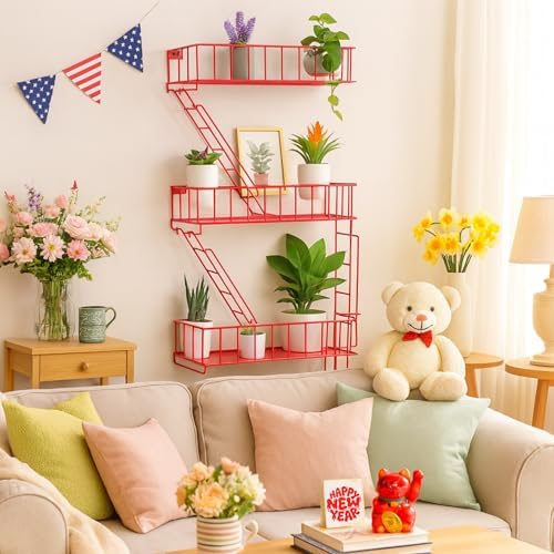 Fire Escape Shelf, 3 Tier Floating Ladder Shelf for Wall Decor &