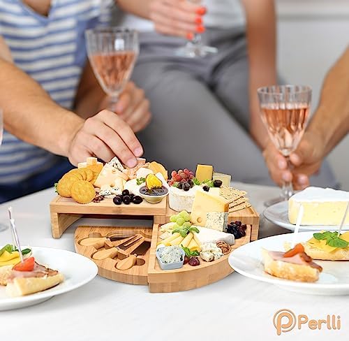 Perlli Bamboo Cheese Board & Knife Set, Large Folding 18 Inch Round