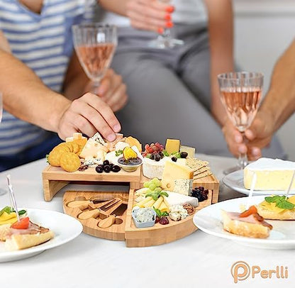 Perlli Bamboo Cheese Board & Knife Set, Large Folding 18 Inch Round