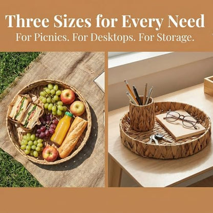 Cedilis Set of 3 Grass Round Fruit Tray, Hand Woven Coffee Table Tray