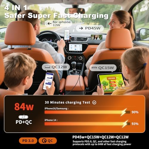 84W Retractable Car Charger, 4-in-1 Car Charger USB C Fast Charge