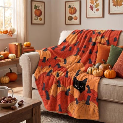 Horaldaily Fall Orange Pumpkin Cat Flannel Throw Blanket 50x60