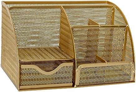 Martha Stewart Ryder Mesh Metal Desktop Organizer with Drawer, Gold