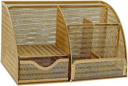 Martha Stewart Ryder Mesh Metal Desktop Organizer with Drawer, Gold