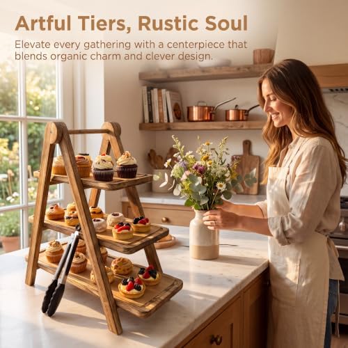 3 Tier Serving Tray Wood Tiered Cupcake Stand, Large Collapsible Food