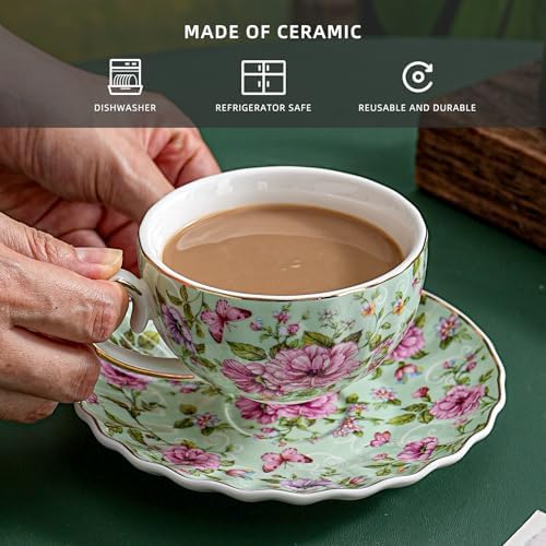 Agyiuns Tea Cup and Saucers, 6.4oz Floral Tea Cups with Gold Trim