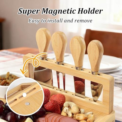 Bamboo Charcuterie Board Set with 4 Cheese Knives, Serving Platter