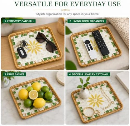 Shell Inlay Rattan Tray, 8.66 in Square Entryway Key Basket (Yellow)