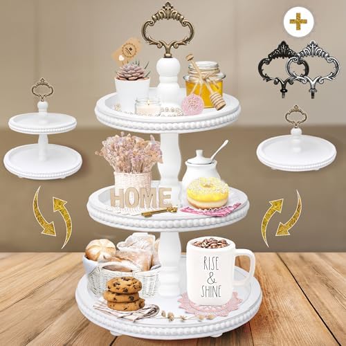 [3-in-1] Wooden Tiered Tray Stand - Beaded 3 Tiered Tray Decor Wood