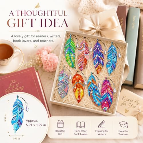 Tinlade 8 Pcs Feather Diamond Painting Bookmarks Kits for Adults Women